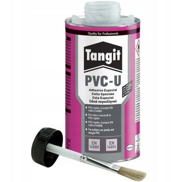 TANGIT PVC-U klijai &ndash; klijai vamzdžiams. Skaidrus indelis su teptuku, 500 g